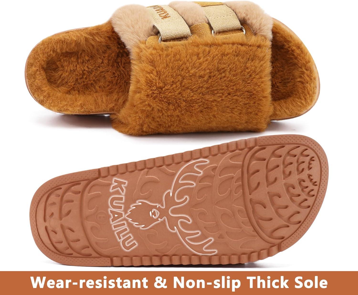 imageKuaiLu Womens Orthotic Slippers With Arch Support Soft Cushion Sandal Slippers for Woman Ladies Fashion Open Toe Faux Fur Platform Slipper Indoor Outdoor 612Plush Khaki