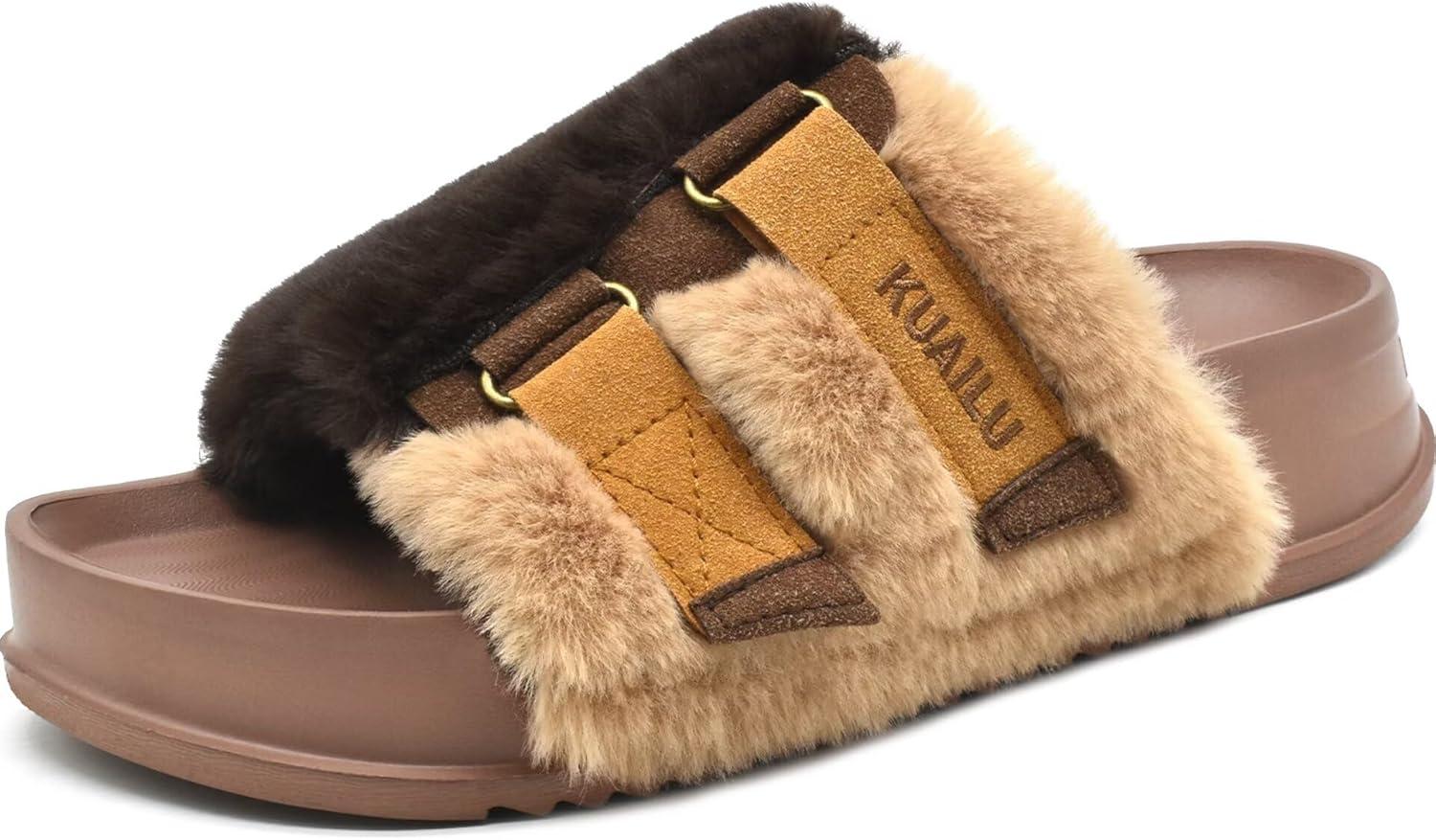 imageKuaiLu Womens Orthotic Slippers With Arch Support Soft Cushion Sandal Slippers for Woman Ladies Fashion Open Toe Faux Fur Platform Slipper Indoor Outdoor 612Brown