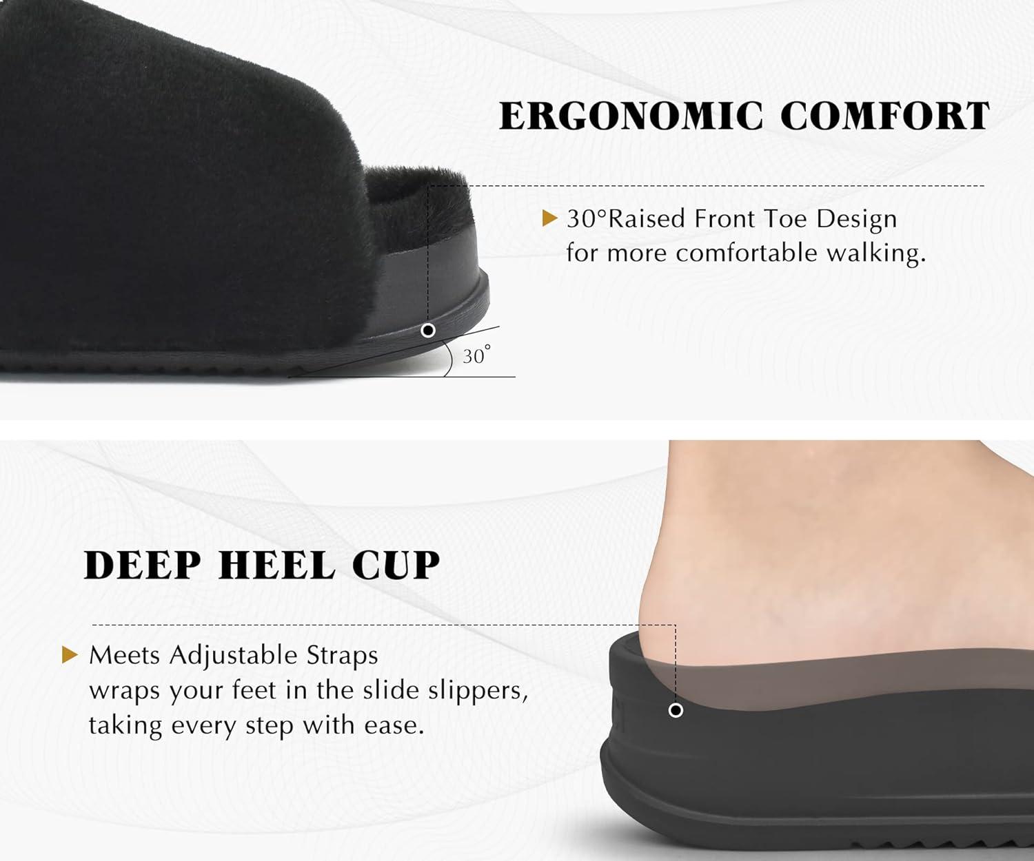 imageKuaiLu Womens Orthotic Slippers With Arch Support Soft Cushion Sandal Slippers for Woman Ladies Fashion Open Toe Faux Fur Platform Slipper Indoor Outdoor 612Plush Black