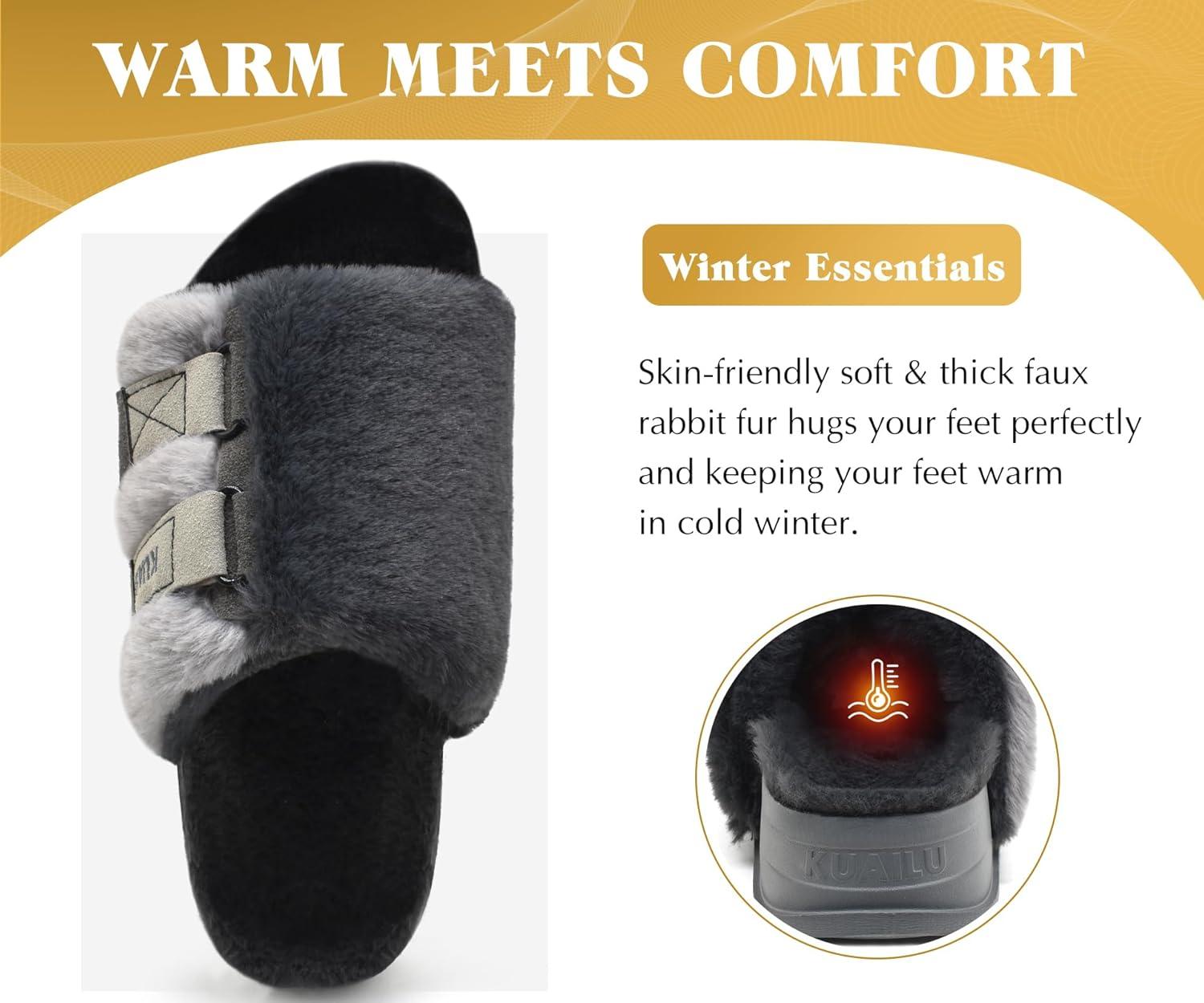 imageKuaiLu Womens Orthotic Slippers With Arch Support Soft Cushion Sandal Slippers for Woman Ladies Fashion Open Toe Faux Fur Platform Slipper Indoor Outdoor 612Plush Grey