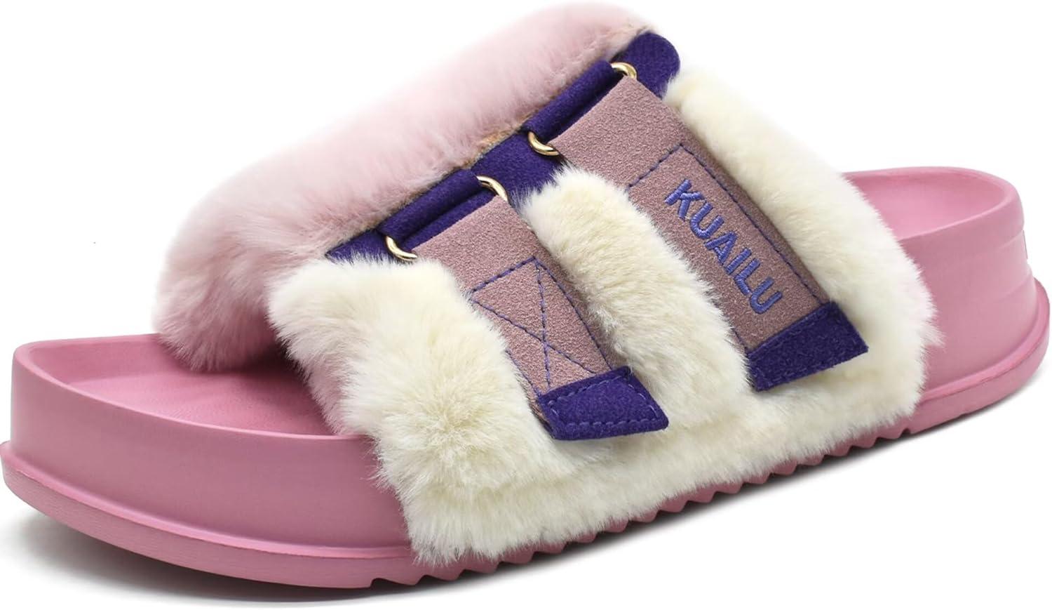 imageKuaiLu Womens Orthotic Slippers With Arch Support Soft Cushion Sandal Slippers for Woman Ladies Fashion Open Toe Faux Fur Platform Slipper Indoor Outdoor 612Pink