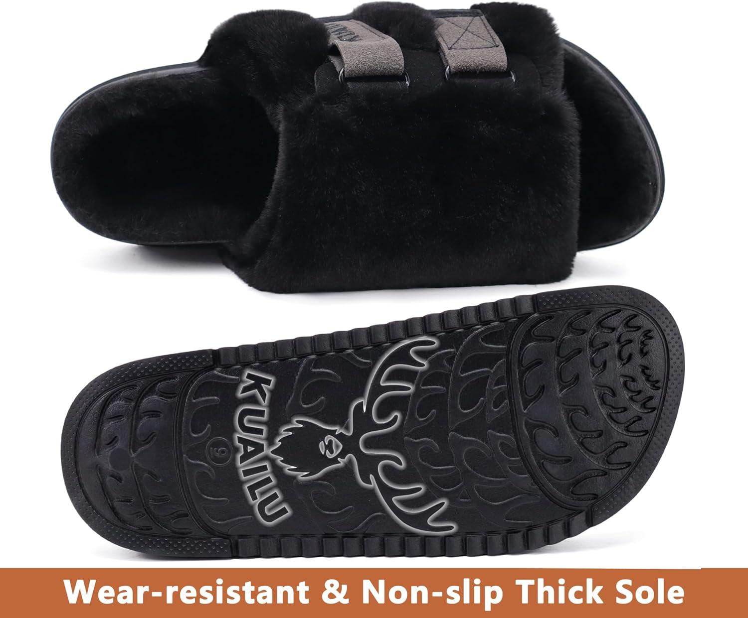 imageKuaiLu Womens Orthotic Slippers With Arch Support Soft Cushion Sandal Slippers for Woman Ladies Fashion Open Toe Faux Fur Platform Slipper Indoor Outdoor 612Plush Black