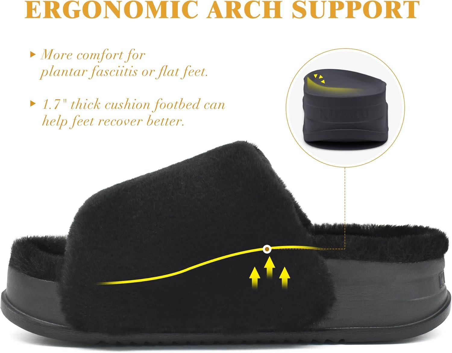 imageKuaiLu Womens Orthotic Slippers With Arch Support Soft Cushion Sandal Slippers for Woman Ladies Fashion Open Toe Faux Fur Platform Slipper Indoor Outdoor 612Plush Black