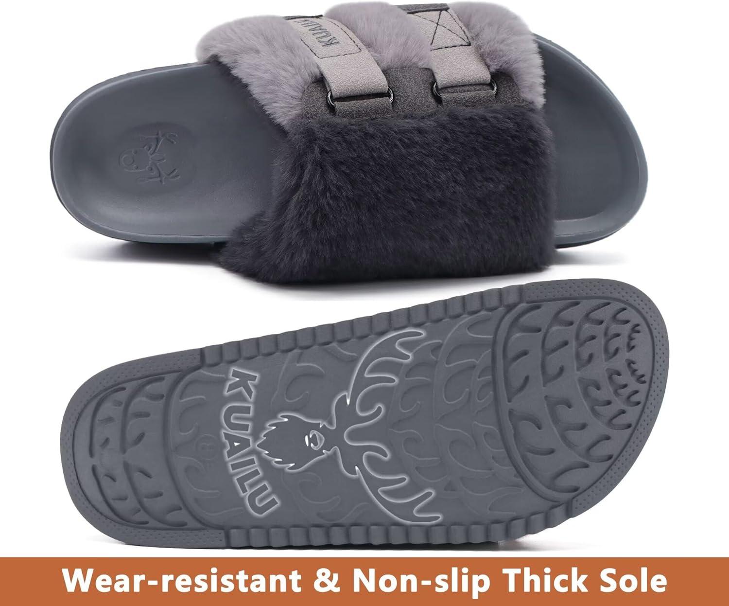 imageKuaiLu Womens Orthotic Slippers With Arch Support Soft Cushion Sandal Slippers for Woman Ladies Fashion Open Toe Faux Fur Platform Slipper Indoor Outdoor 612Grey