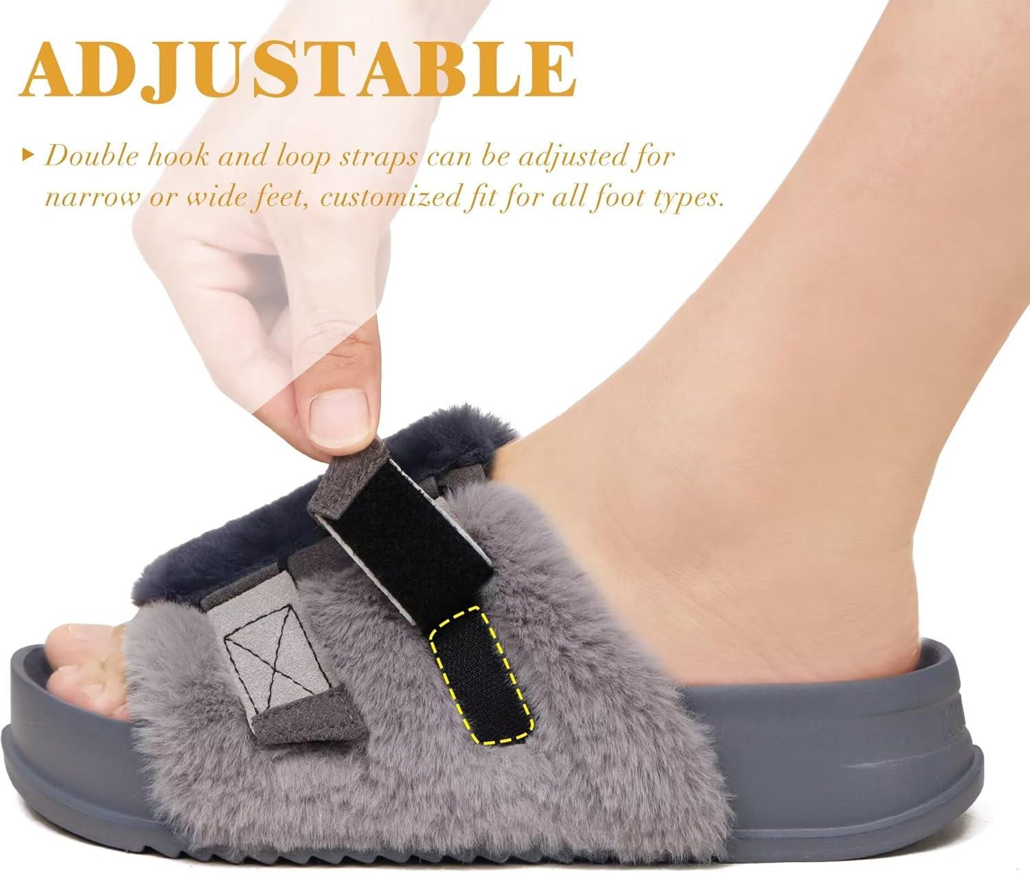 imageKuaiLu Womens Orthotic Slippers With Arch Support Soft Cushion Sandal Slippers for Woman Ladies Fashion Open Toe Faux Fur Platform Slipper Indoor Outdoor 612Grey