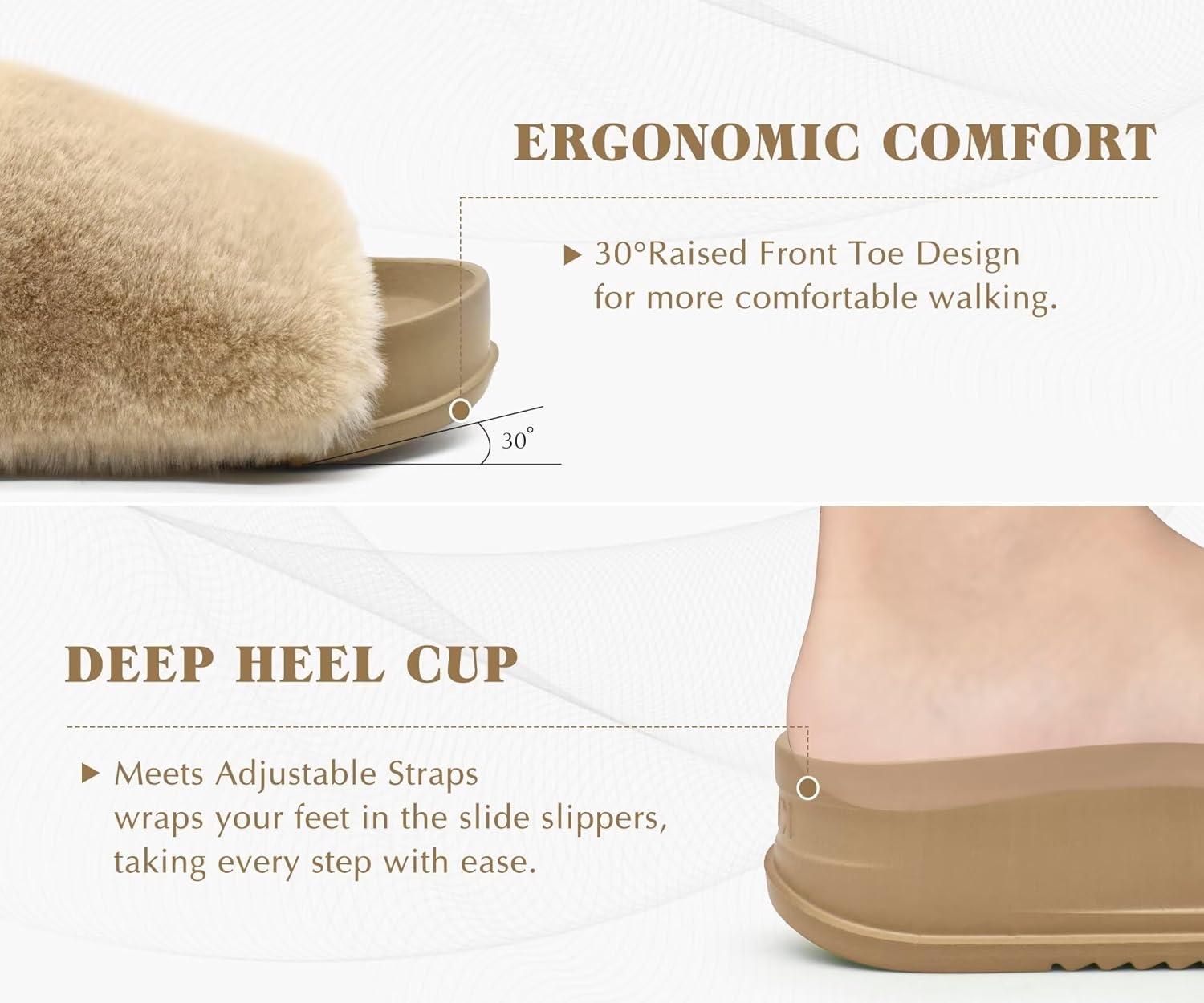 imageKuaiLu Womens Orthotic Slippers With Arch Support Soft Cushion Sandal Slippers for Woman Ladies Fashion Open Toe Faux Fur Platform Slipper Indoor Outdoor 612Beige White
