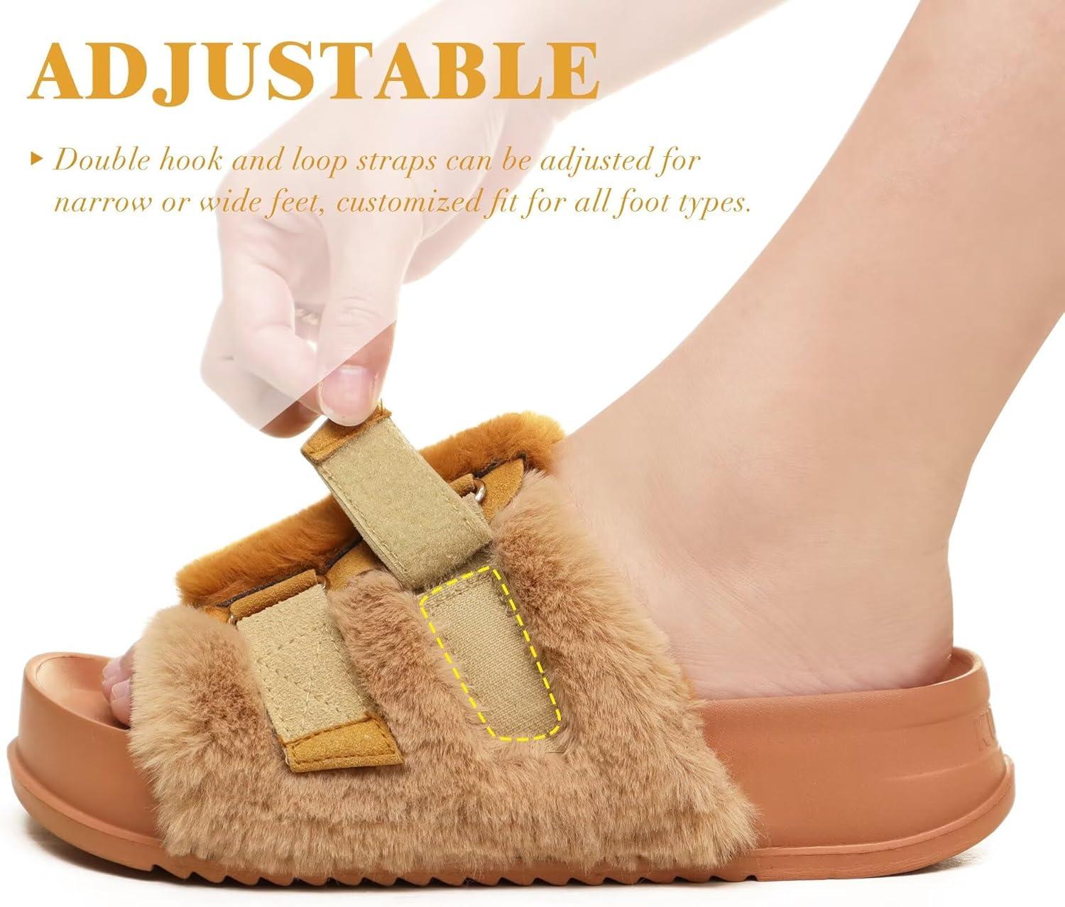 imageKuaiLu Womens Orthotic Slippers With Arch Support Soft Cushion Sandal Slippers for Woman Ladies Fashion Open Toe Faux Fur Platform Slipper Indoor Outdoor 612Camel