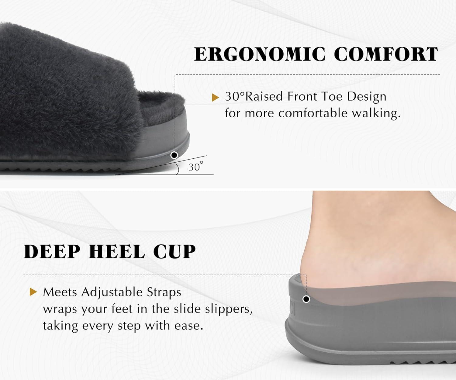 imageKuaiLu Womens Orthotic Slippers With Arch Support Soft Cushion Sandal Slippers for Woman Ladies Fashion Open Toe Faux Fur Platform Slipper Indoor Outdoor 612Plush Grey