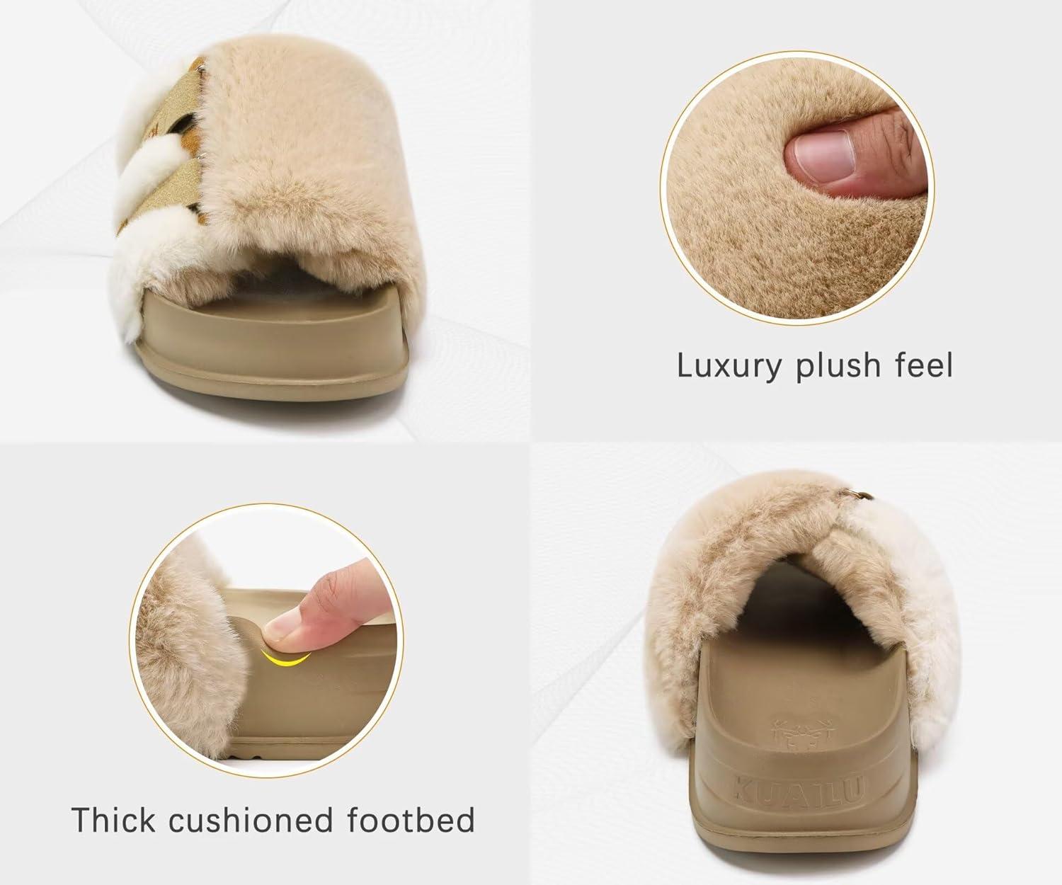 imageKuaiLu Womens Orthotic Slippers With Arch Support Soft Cushion Sandal Slippers for Woman Ladies Fashion Open Toe Faux Fur Platform Slipper Indoor Outdoor 612Beige White