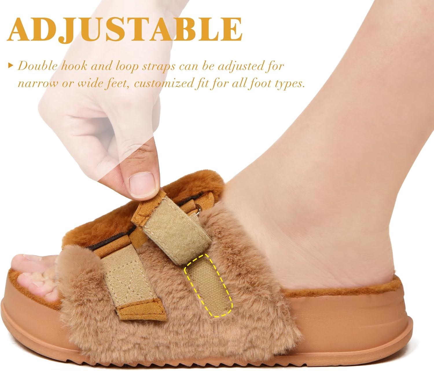 imageKuaiLu Womens Orthotic Slippers With Arch Support Soft Cushion Sandal Slippers for Woman Ladies Fashion Open Toe Faux Fur Platform Slipper Indoor Outdoor 612Plush Khaki
