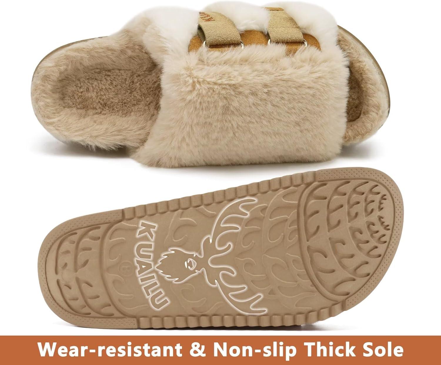 imageKuaiLu Womens Orthotic Slippers With Arch Support Soft Cushion Sandal Slippers for Woman Ladies Fashion Open Toe Faux Fur Platform Slipper Indoor Outdoor 612Plush Beige