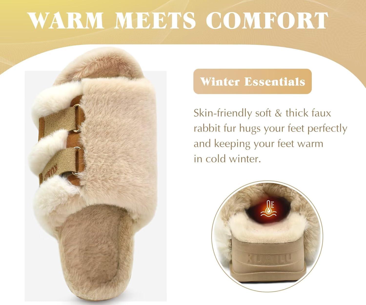 imageKuaiLu Womens Orthotic Slippers With Arch Support Soft Cushion Sandal Slippers for Woman Ladies Fashion Open Toe Faux Fur Platform Slipper Indoor Outdoor 612Plush Beige