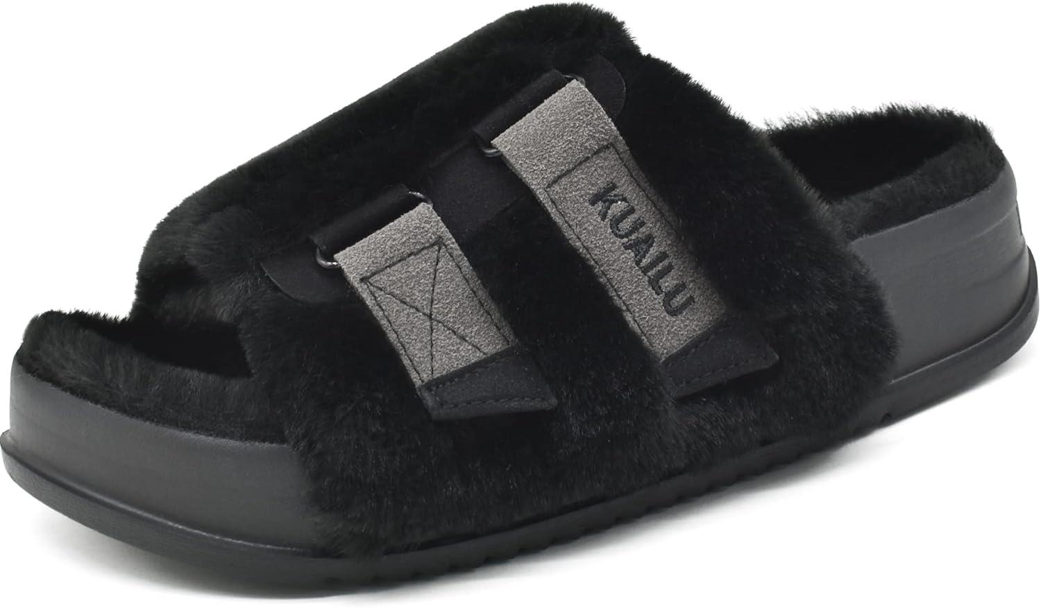 imageKuaiLu Womens Orthotic Slippers With Arch Support Soft Cushion Sandal Slippers for Woman Ladies Fashion Open Toe Faux Fur Platform Slipper Indoor Outdoor 612Plush Black