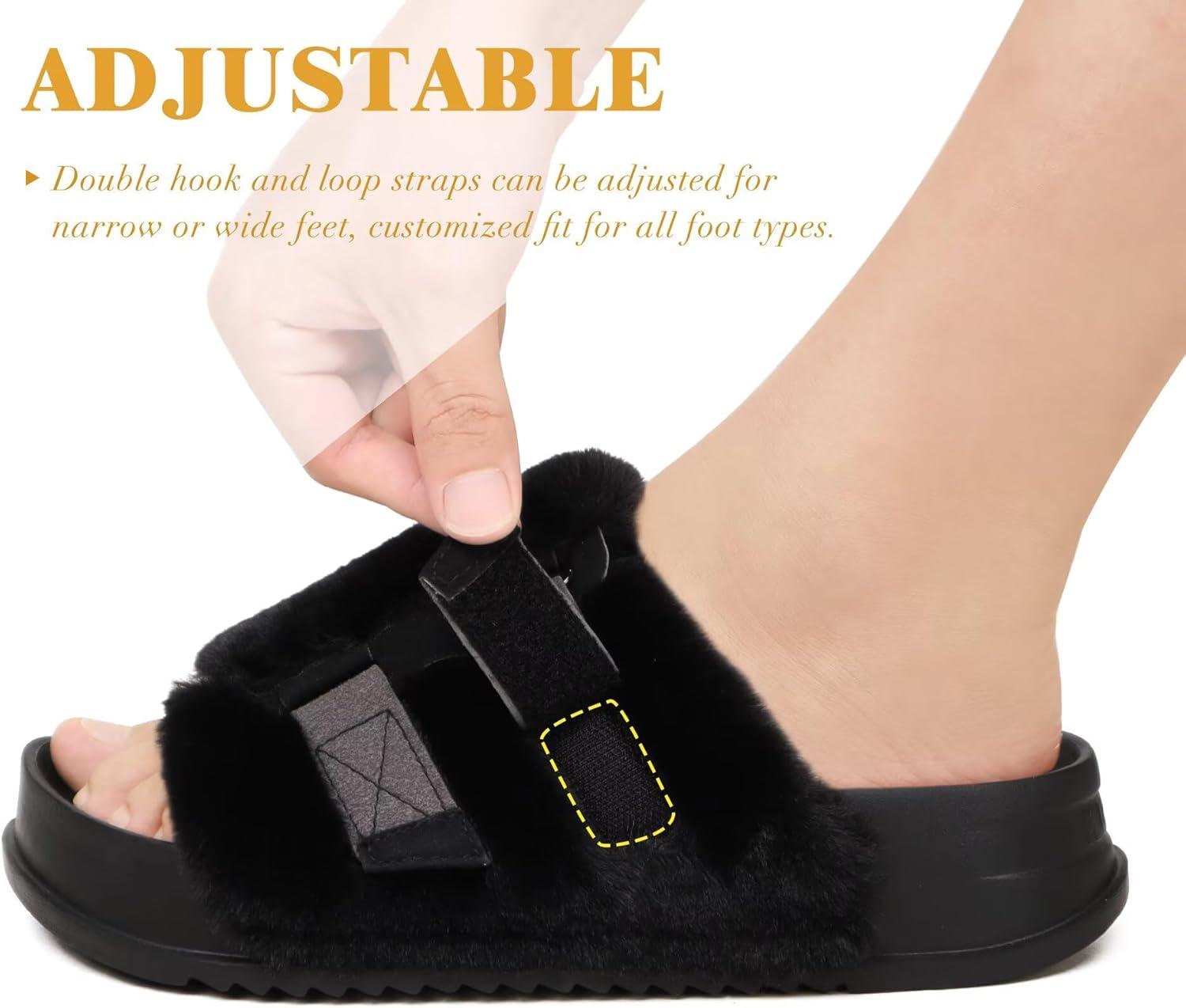 imageKuaiLu Womens Orthotic Slippers With Arch Support Soft Cushion Sandal Slippers for Woman Ladies Fashion Open Toe Faux Fur Platform Slipper Indoor Outdoor 612Black