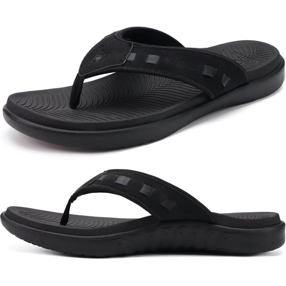 imageKuaiLu Mens Sport Flip Flops Comfort Orthotic Thong Sandals with Plantar Fasciitis Arch Support Outdoor Summer Beach Size 715Fashion Black