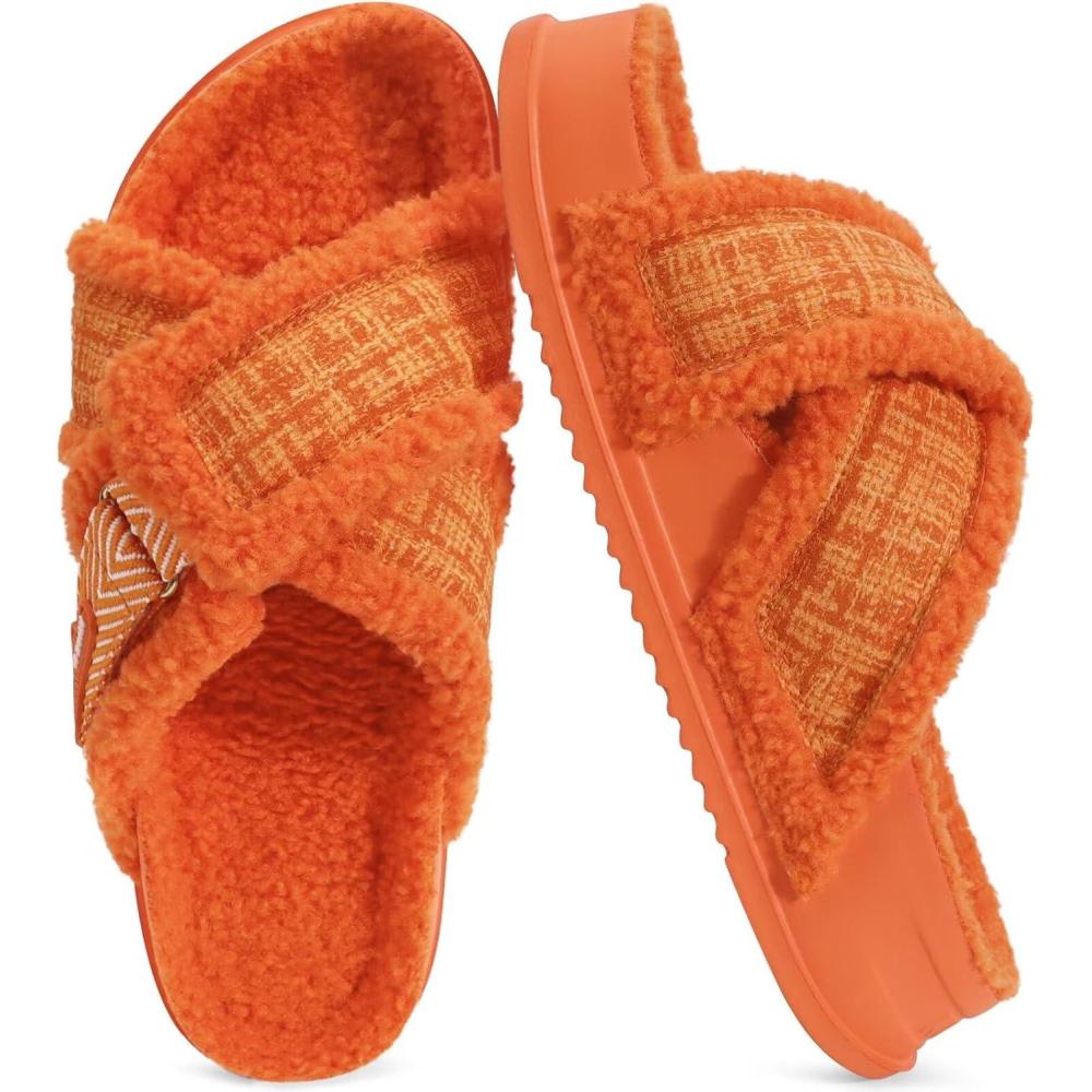 imageKuaiLu Womens Chic Furry Platform Slippers Fuzzy Teddy Fleece Cross Band Open Toe Sandals with Comfortable Arch Support Slip on House Shoes Indoor OutdoorVibrant Orange