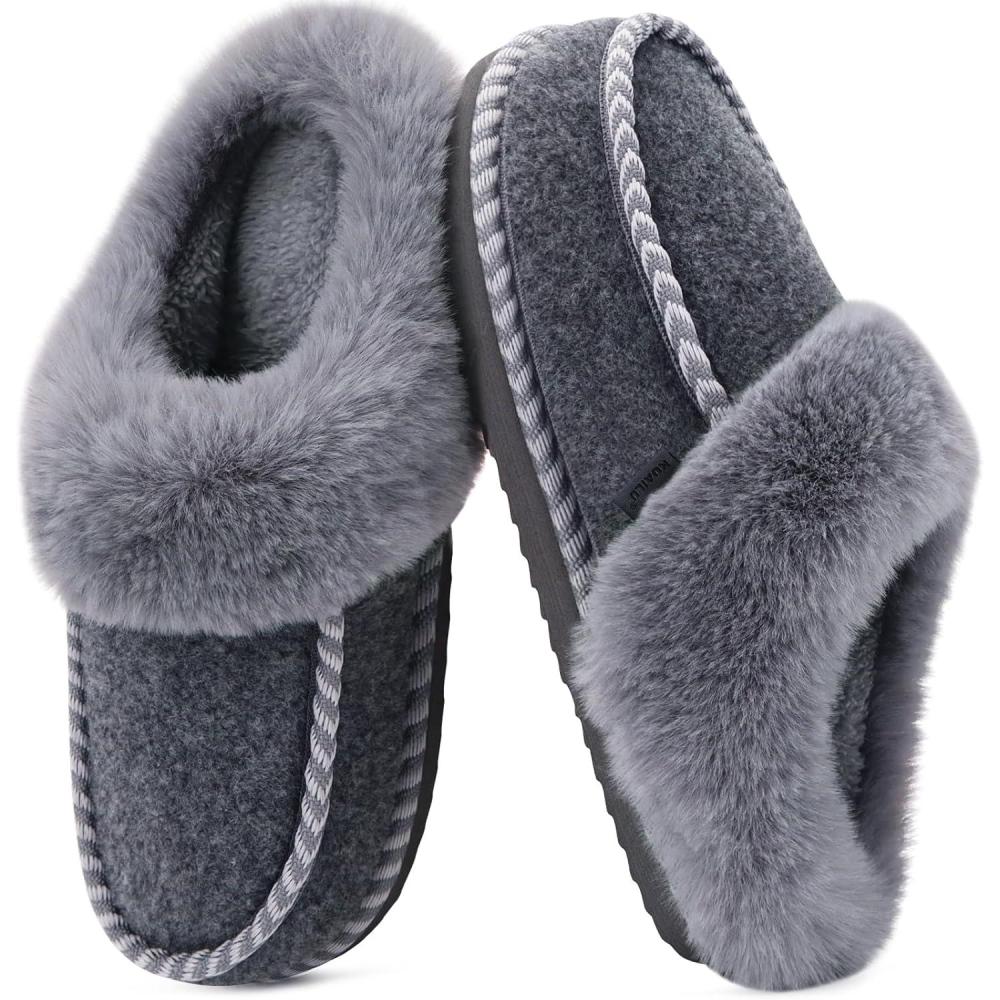 imageKuaiLu Womens Memory Foam Slippers with Cozy Fluff Plush Ladies Bedroom Pantuflas Comfy House Winter Moccasin Essential Trendy Slippers Comfortable Indoor Outdoor Rubber Sole Grey Size 10