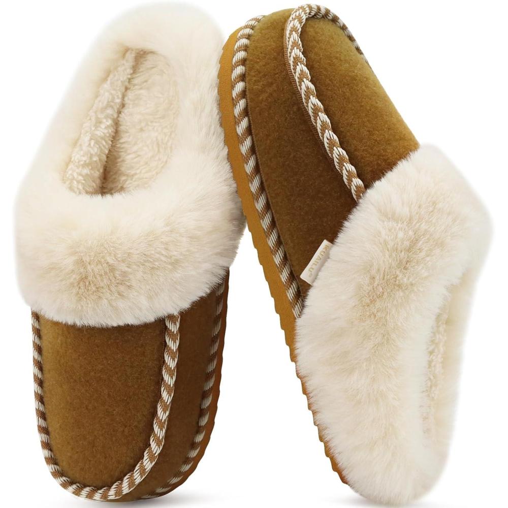 imageKuaiLu Womens Memory Foam Slippers with Cozy Fluff Plush Ladies Bedroom Pantuflas Comfy House Winter Moccasin Essential Trendy Slippers Comfortable Indoor Outdoor Rubber Sole Khaki Size 8