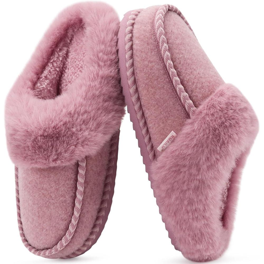 imageKuaiLu Womens Memory Foam Slippers with Cozy Fluff Plush Ladies Bedroom Pantuflas Comfy House Winter Moccasin Essential Trendy Slippers Comfortable Indoor Outdoor Rubber Sole Pink Size 11