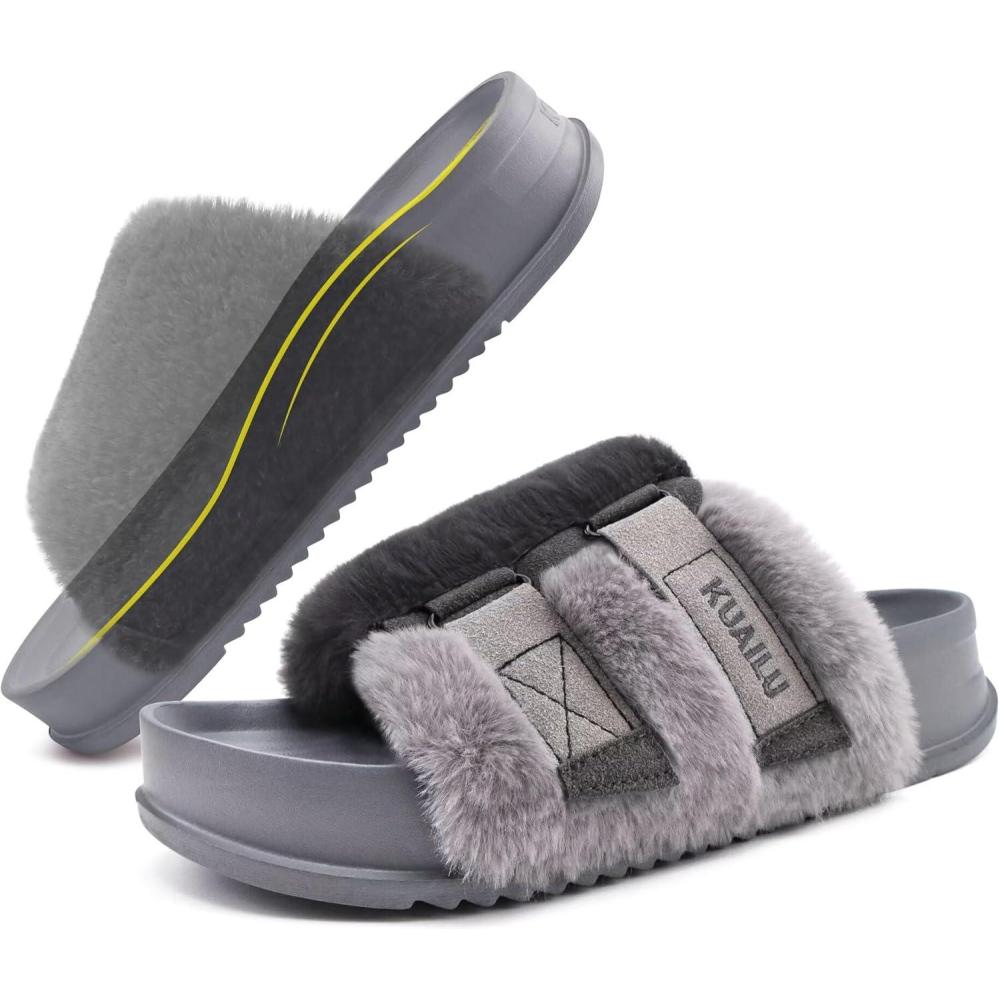 imageKuaiLu Womens Orthotic Slippers With Arch Support Soft Cushion Sandal Slippers for Woman Ladies Fashion Open Toe Faux Fur Platform Slipper Indoor Outdoor 612Grey