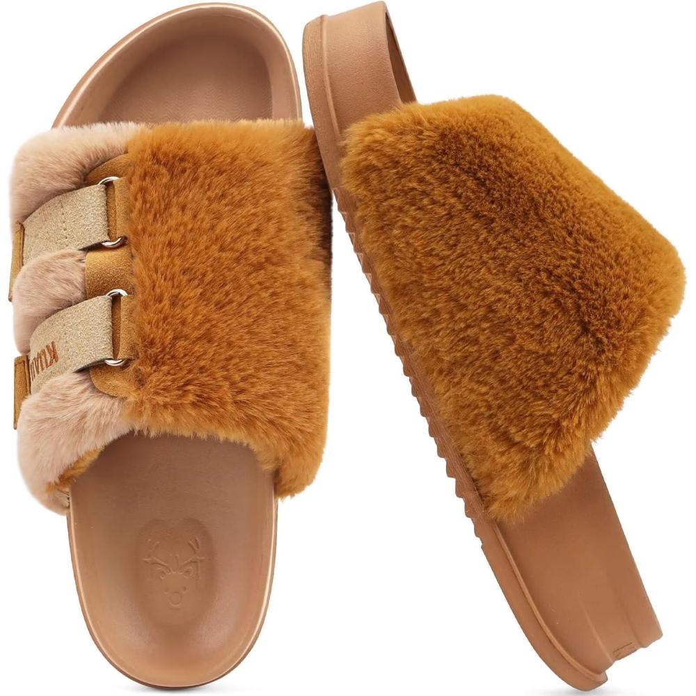 imageKuaiLu Womens Orthotic Slippers With Arch Support Soft Cushion Sandal Slippers for Woman Ladies Fashion Open Toe Faux Fur Platform Slipper Indoor Outdoor 612Camel