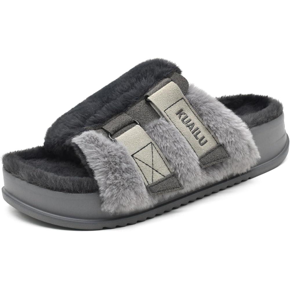 imageKuaiLu Womens Orthotic Slippers With Arch Support Soft Cushion Sandal Slippers for Woman Ladies Fashion Open Toe Faux Fur Platform Slipper Indoor Outdoor 612Plush Grey