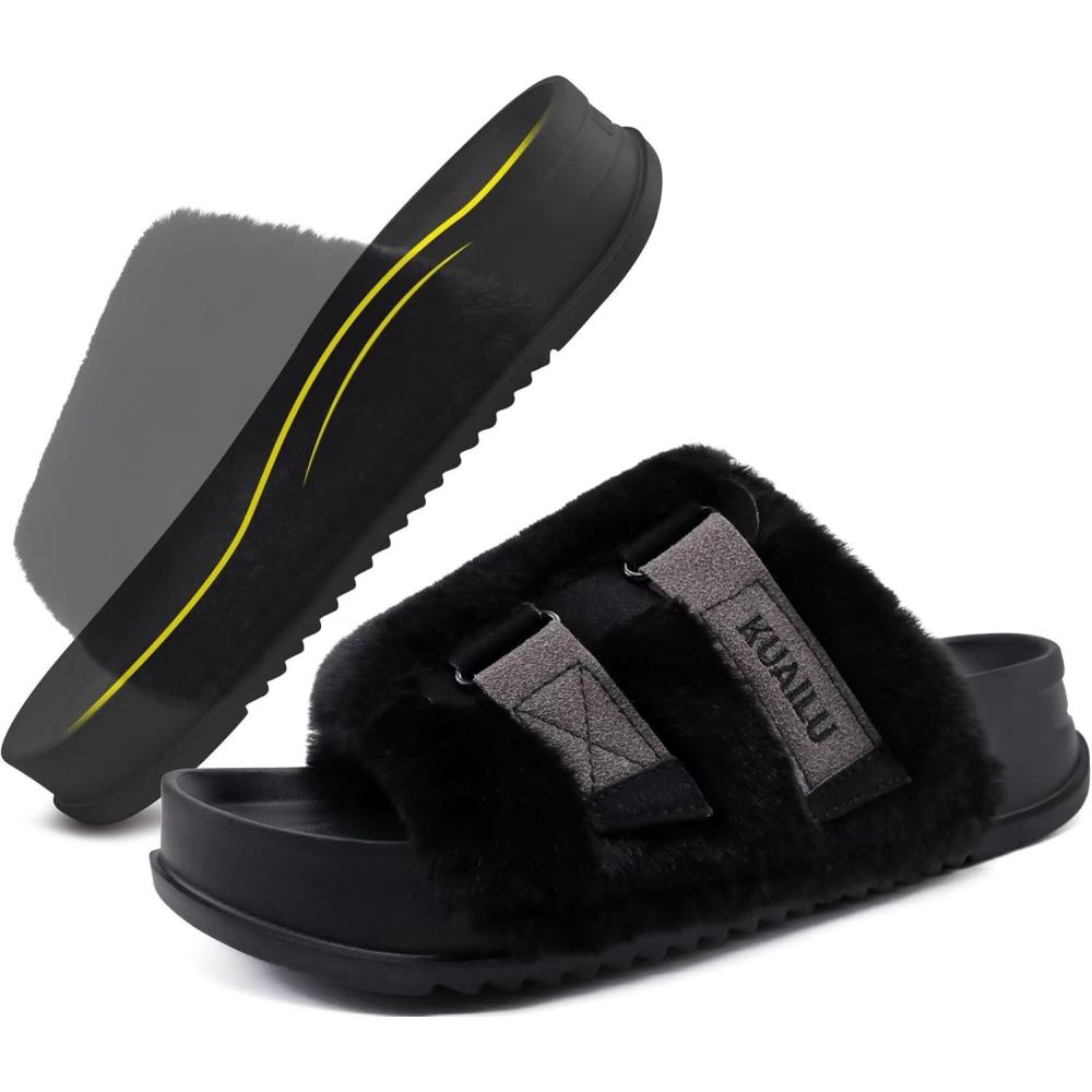 imageKuaiLu Womens Orthotic Slippers With Arch Support Soft Cushion Sandal Slippers for Woman Ladies Fashion Open Toe Faux Fur Platform Slipper Indoor Outdoor 612Black