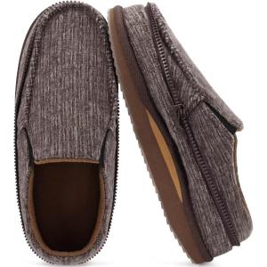 imageKuaiLu Mens Memory Foam Moccasin Slippers Arch Support Cushion Yoga Foam Fuzzy Zipper House Shoes with Indoor Outdoor Rubber SoleRedBrown