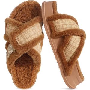 imageKuaiLu Womens Chic Furry Platform Slippers Fuzzy Teddy Fleece Cross Band Open Toe Sandals with Comfortable Arch Support Slip on House Shoes Indoor OutdoorKhaki