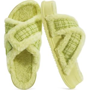 imageKuaiLu Womens Chic Furry Platform Slippers Fuzzy Teddy Fleece Cross Band Open Toe Sandals with Comfortable Arch Support Slip on House Shoes Indoor OutdoorNeon Green