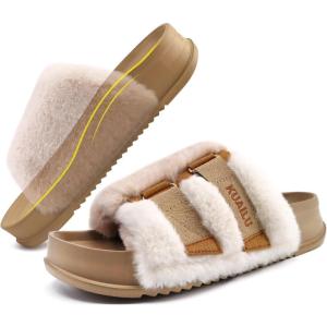 imageKuaiLu Womens Orthotic Slippers With Arch Support Soft Cushion Sandal Slippers for Woman Ladies Fashion Open Toe Faux Fur Platform Slipper Indoor Outdoor 612Beige White