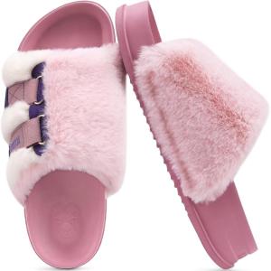 imageKuaiLu Womens Orthotic Slippers With Arch Support Soft Cushion Sandal Slippers for Woman Ladies Fashion Open Toe Faux Fur Platform Slipper Indoor Outdoor 612Pink