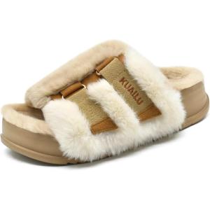 imageKuaiLu Womens Orthotic Slippers With Arch Support Soft Cushion Sandal Slippers for Woman Ladies Fashion Open Toe Faux Fur Platform Slipper Indoor Outdoor 612Plush Beige