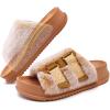 imageKuaiLu Womens Orthotic Slippers With Arch Support Soft Cushion Sandal Slippers for Woman Ladies Fashion Open Toe Faux Fur Platform Slipper Indoor Outdoor 612Khaki Adjustable