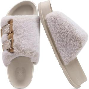 imageKuaiLu Womens Orthotic Slippers With Arch Support Soft Cushion Sandal Slippers for Woman Ladies Fashion Open Toe Faux Fur Platform Slipper Indoor Outdoor 612White Adjustable