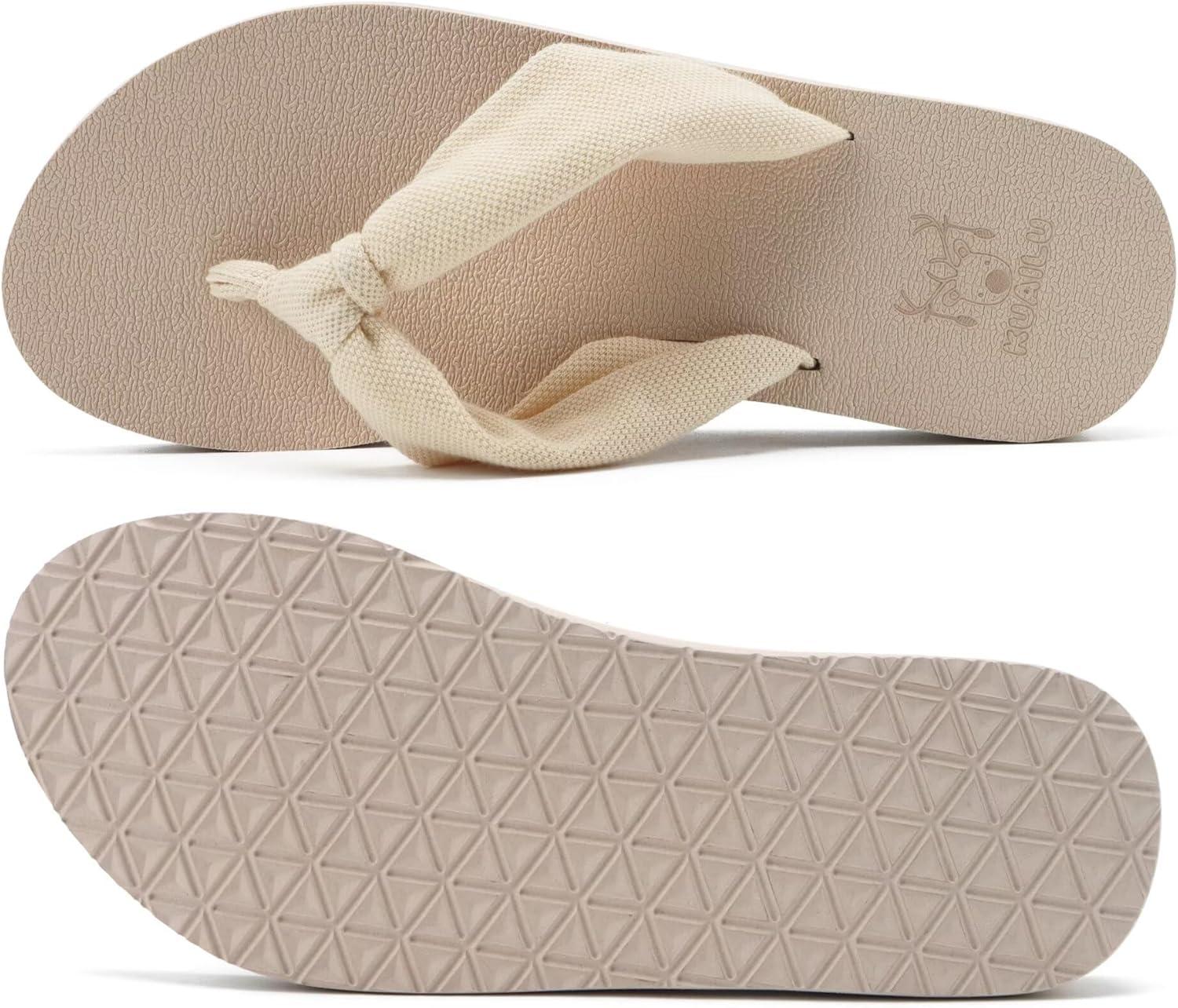 imageKuaiLu Flip Flops for Women with Arch Support Yoga Mat Comfortable Summer Beach Walking Thong Cushion Sandals Slip On Indoor OutdoorBeige