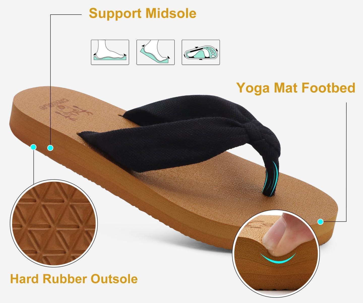imageKuaiLu Flip Flops for Women with Arch Support Yoga Mat Comfortable Summer Beach Walking Thong Cushion Sandals Slip On Indoor OutdoorBlack Tan