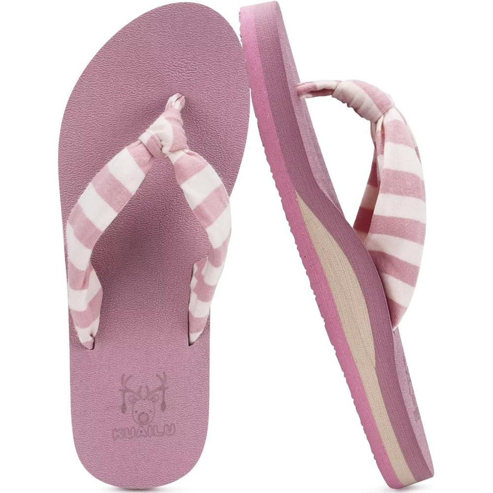 imageKuaiLu Flip Flops for Women with Arch Support Yoga Mat Comfortable Summer Beach Walking Thong Cushion Sandals Slip On Indoor OutdoorPink White