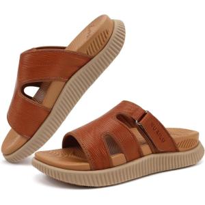 image:imageKuaiLu Womens Fashion Orthopedic Walking Thick Sandals Comfort Arch Support Relief Plantar Fasciitis Cushion Recovery Summer Slides Slip On Yoga Mat Open Toe Faux LeatherKhaki Beige