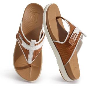 image:imageKuaiLu Womens Orthopedic Flip Flops Comfort Cushion Arch Support Sandals Summer Lightweight Casual Beach Walking Sandles Fashion Trendy Outfit Adjustable Ladies Flat SandalsWhite Khaki