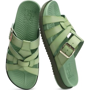 image:imageKuaiLu Gladiator Sandals for Women with Comfortable Arch Support Summer Beach Walking Fisherman Slides Boho Outfits Flats Slip on Cushion Shoes Indoor OutdoorOlive Green