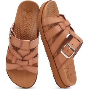 image:imageKuaiLu Gladiator Sandals for Women with Comfortable Arch Support Summer Beach Walking Fisherman Slides Boho Outfits Flats Slip on Cushion Shoes Indoor OutdoorKhaki
