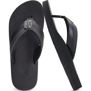 image:imageKuaiLu Mens Faux Leather Flip Flops with Comfortable Arch Support  Summer Beach Yoga Mat Cushion Walking Thong Sandals Slip On Indoor OutdoorAll Black