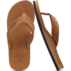 image:imageKuaiLu Mens Faux Leather Flip Flops with Comfortable Arch Support  Summer Beach Yoga Mat Cushion Walking Thong Sandals Slip On Indoor OutdoorBright Brown