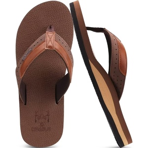 image:imageKuaiLu Mens Faux Leather Flip Flops with Comfortable Arch Support  Summer Beach Yoga Mat Cushion Walking Thong Sandals Slip On Indoor OutdoorReddish Brown
