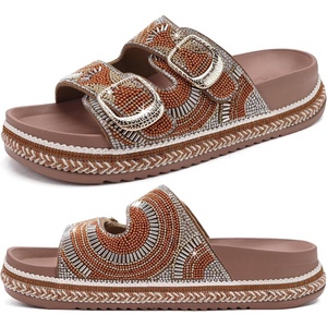 image:imageKuaiLu Womens Bling Sandals with Arch Support Orthopedic Rhinestones SlidesBrown