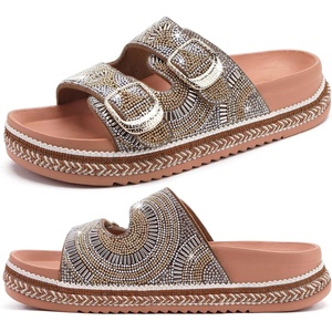 image:imageKuaiLu Womens Bling Sandals with Arch Support Orthopedic Rhinestones SlidesKhaki