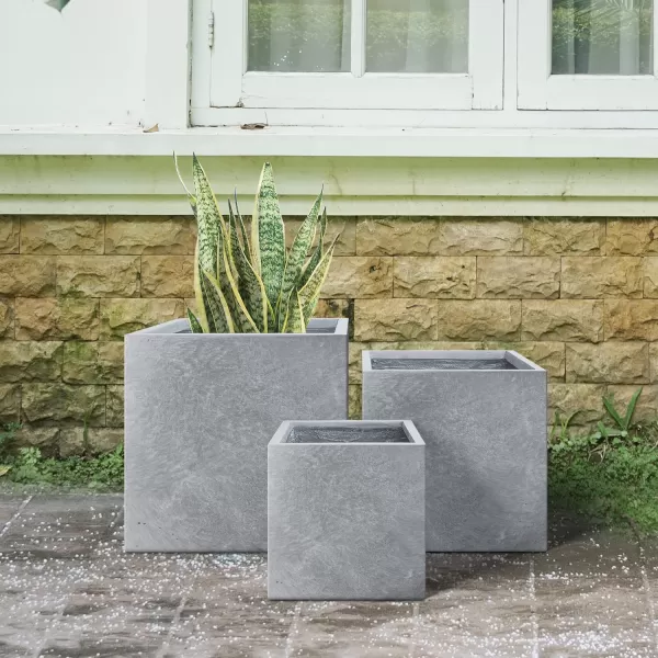 Kante 16 Inch Square Concrete Planter for Outdoor Indoor Home Patio Garden, Large Plant Pot with Drainage Hole and Rubber Plug, Charcoal