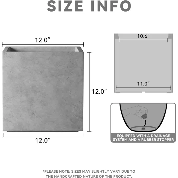 Kante 16 Inch Square Concrete Planter for Outdoor Indoor Home Patio Garden, Large Plant Pot with Drainage Hole and Rubber Plug, Charcoal