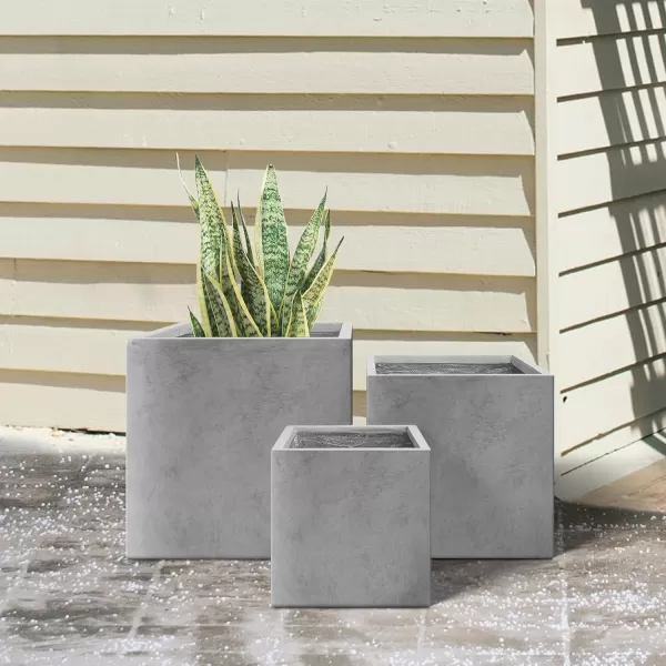 Kante 16 Inch Square Concrete Planter for Outdoor Indoor Home Patio Garden, Large Plant Pot with Drainage Hole and Rubber Plug, Charcoal